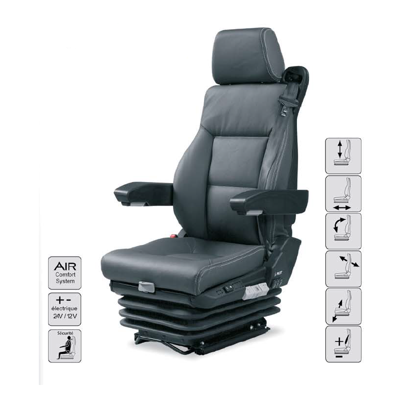 Siège Conducteur , suspension électro-pneumatique, lombaire pneumatique/ ceinture 3 pts, accoudoirs, noir , entraxe 216mm