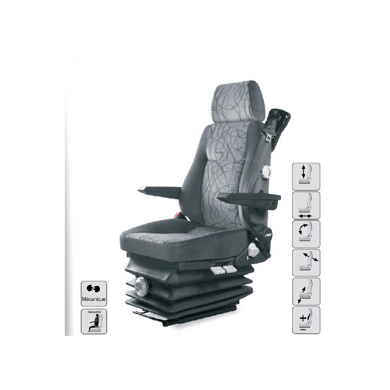 siège mécanique, commande à gauche, avec  ceinture, sans accoudoirs, entraxe 216mm et noir