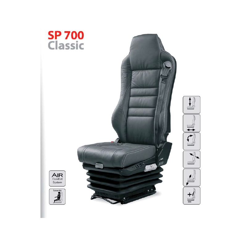 Siège pneumatique, passager, ceinture 3pts lombaire pneumatique, vinyle, avec accoudoirs, entraxe 260 et coloris noir