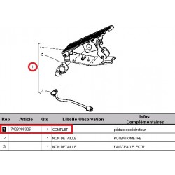 Pédale d'accélération avec potentiomètre pour Renault 7423385325 - 7423890979