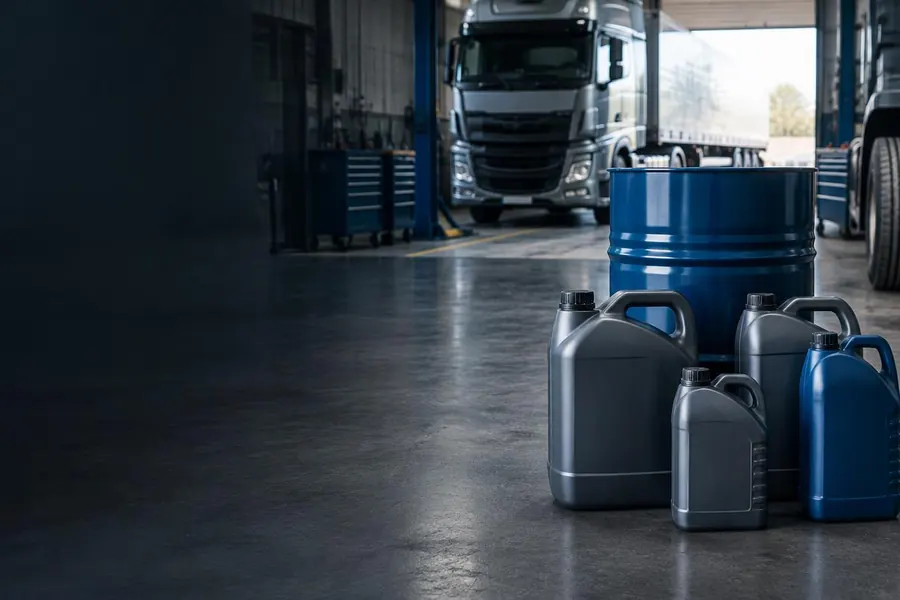 Bidons et fût de lubrifiant pour camion